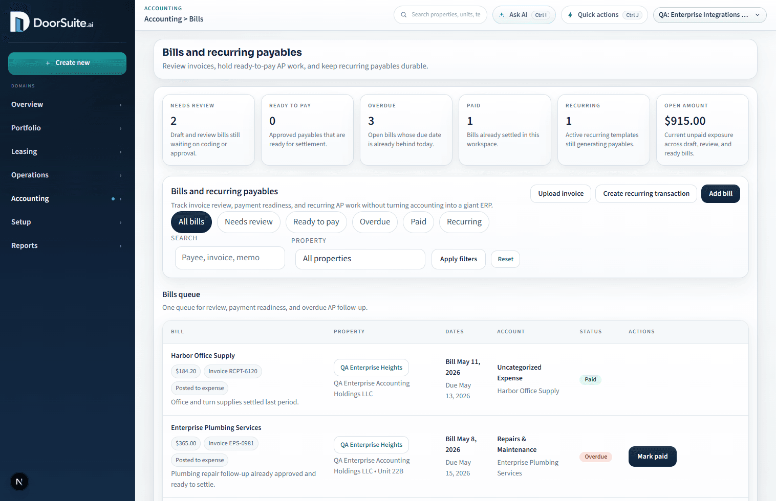 DoorSuite bills workspace with payable status filters, AP actions, and invoice review.